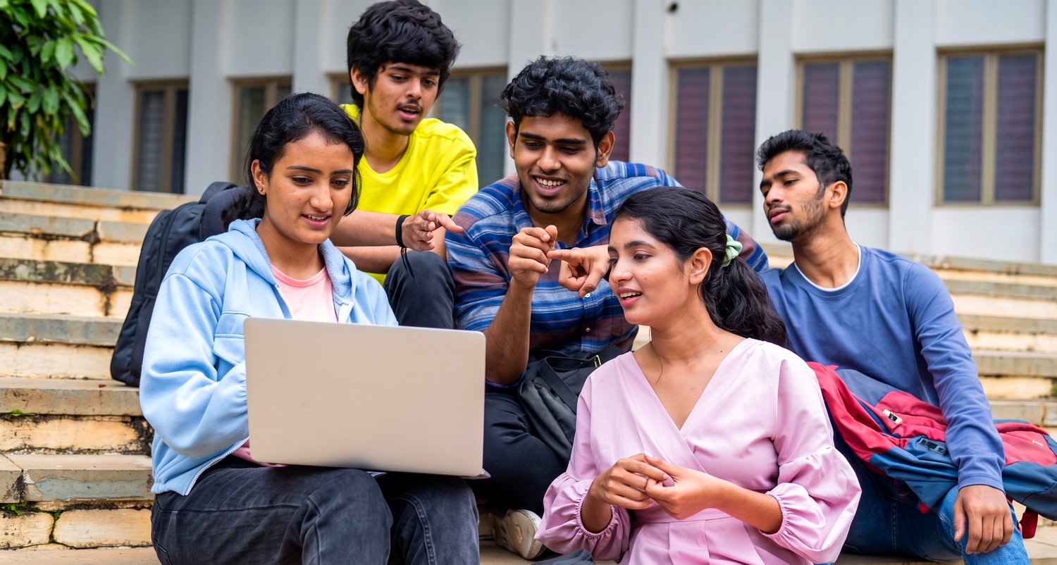 Students checking their entrance-exam results together on a laptop on a college campus