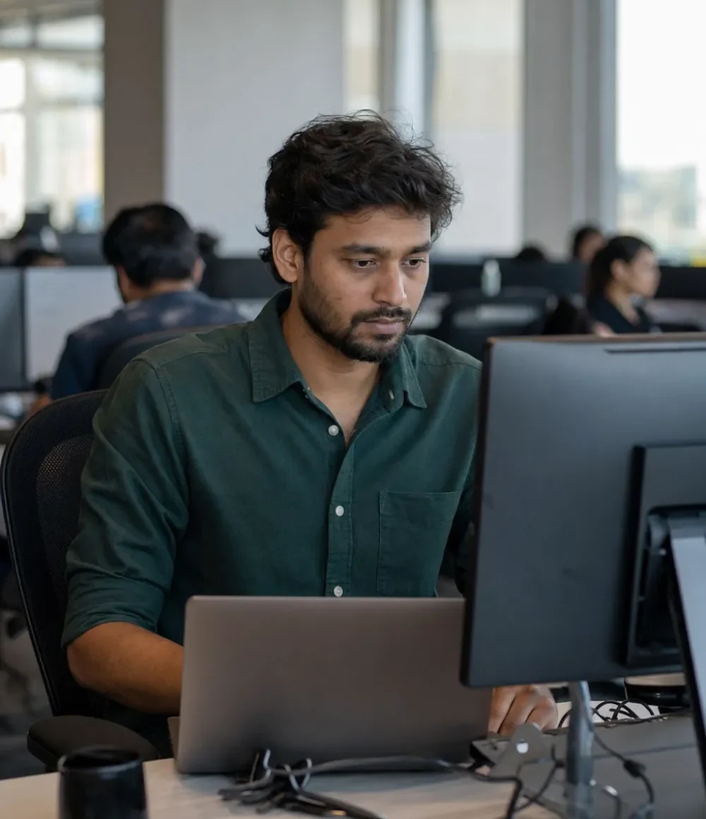 A software engineer working at a desk in a Bangalore office