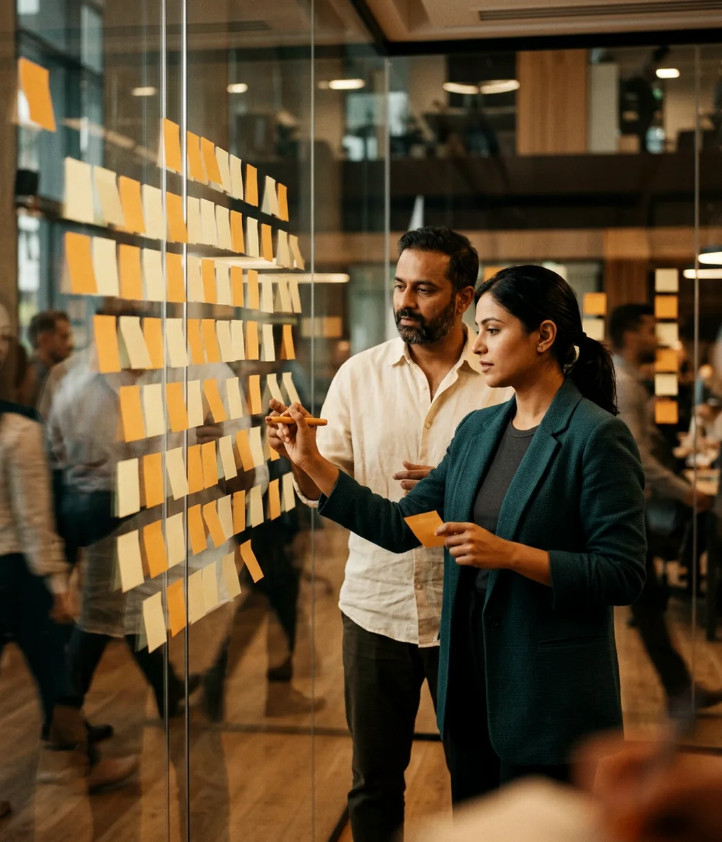 Two professionals planning a client problem at a glass wall of sticky notes