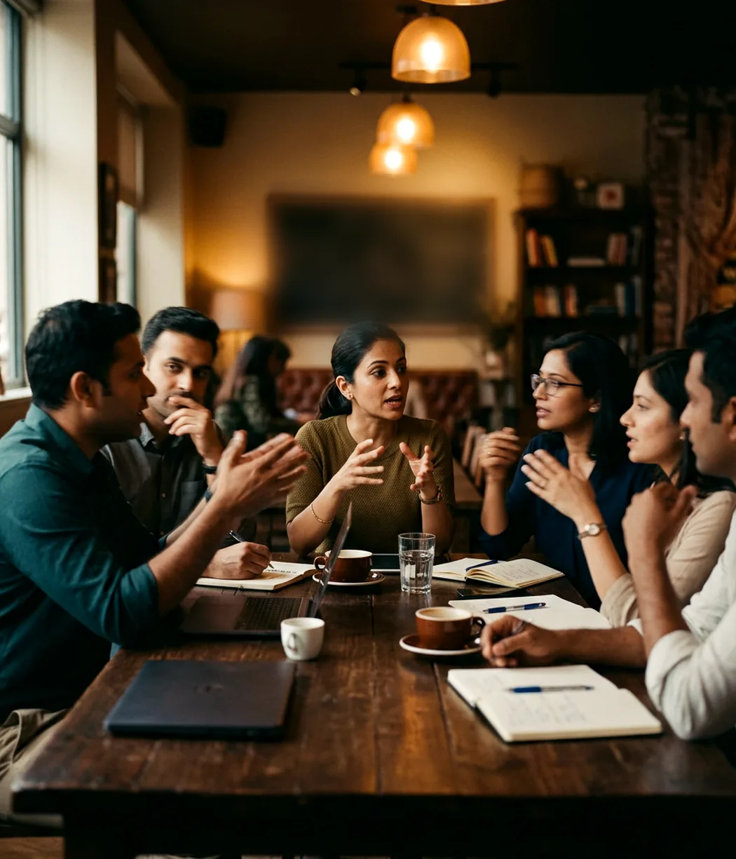 A small group of working professionals talking around a table