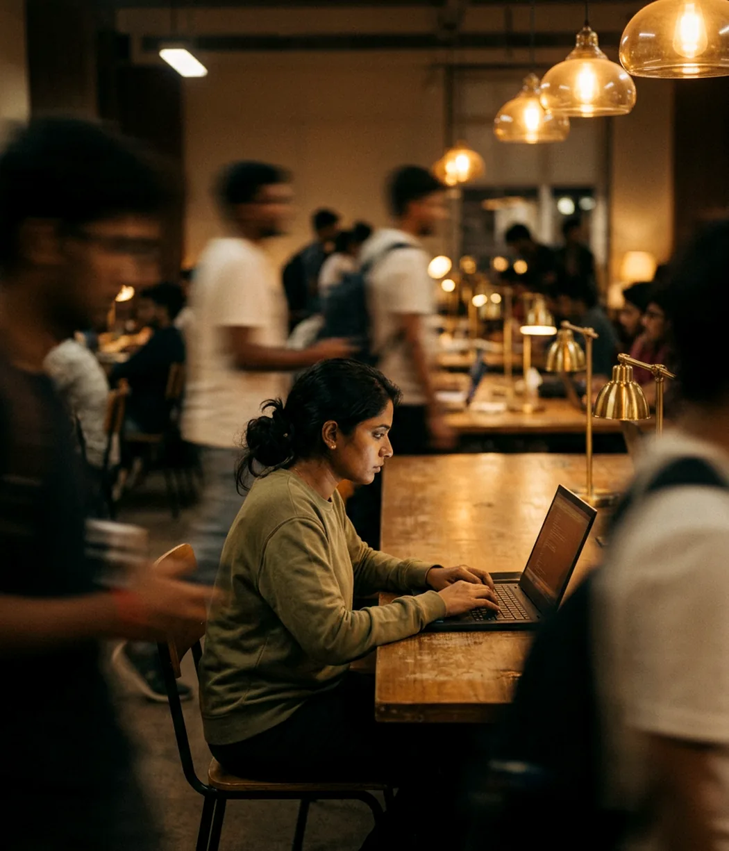A learner building on her laptop in the campus Lab in the evening