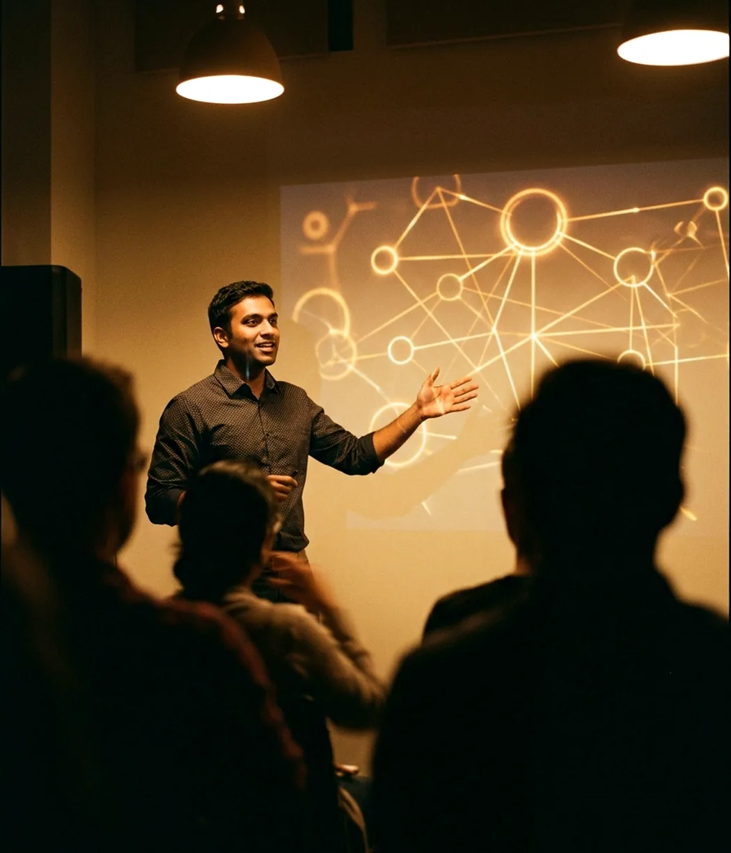 A learner presenting his project to a small audience