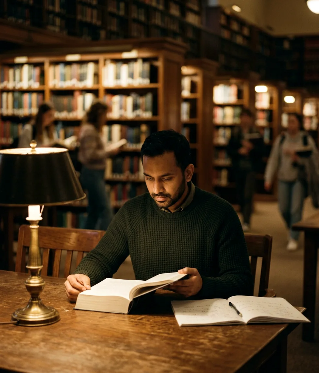A learner reading a textbook at a library desk under a lamp