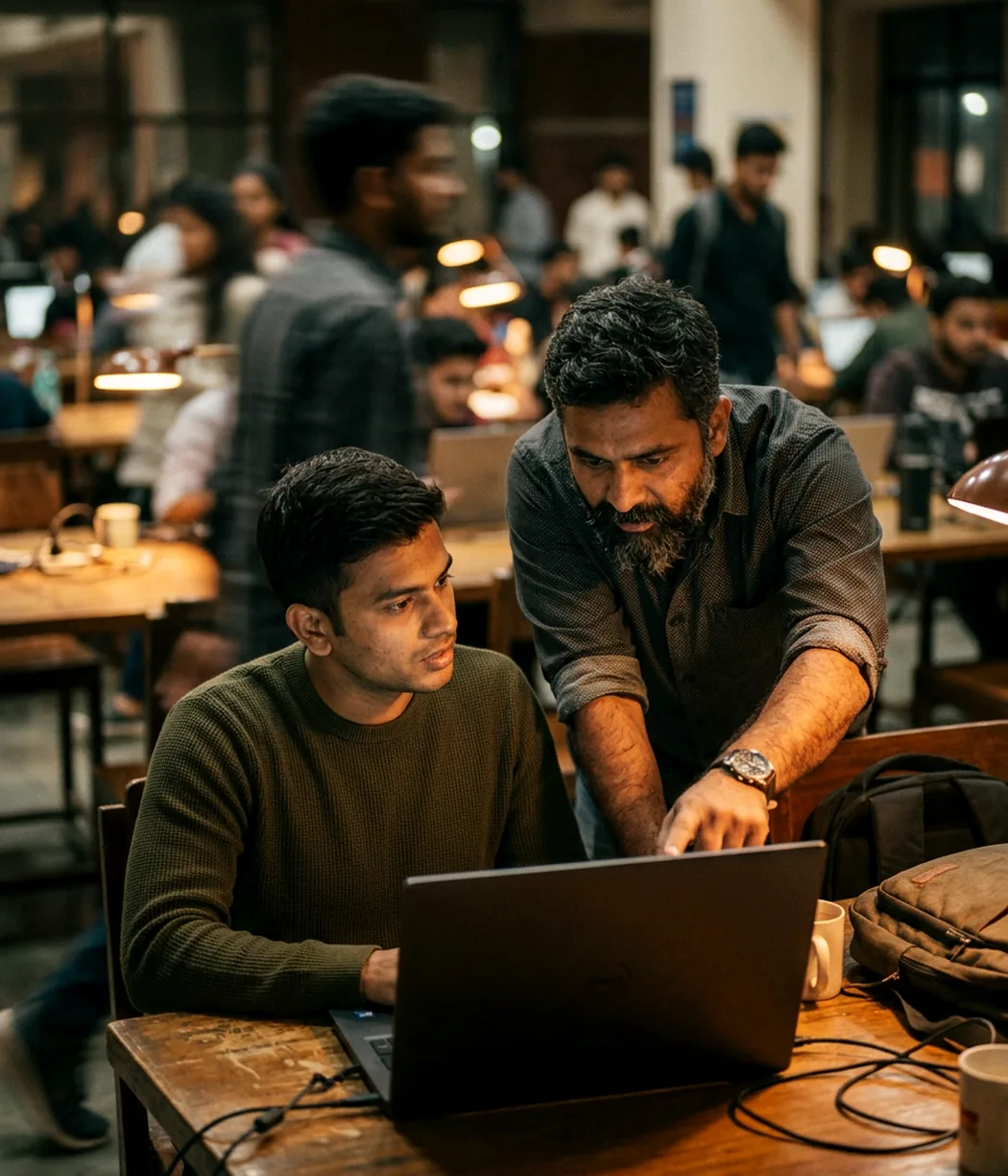 A mentor reviewing a learner's code at a desk in the campus Lab