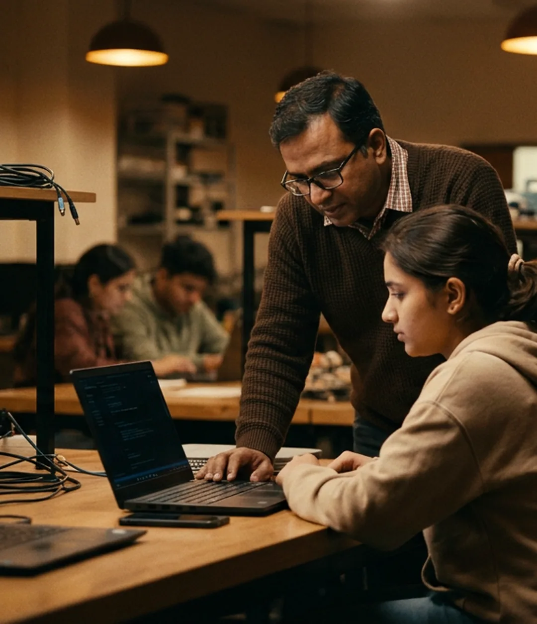 An instructor reviewing a learner's code during a Saturday session in the campus Lab