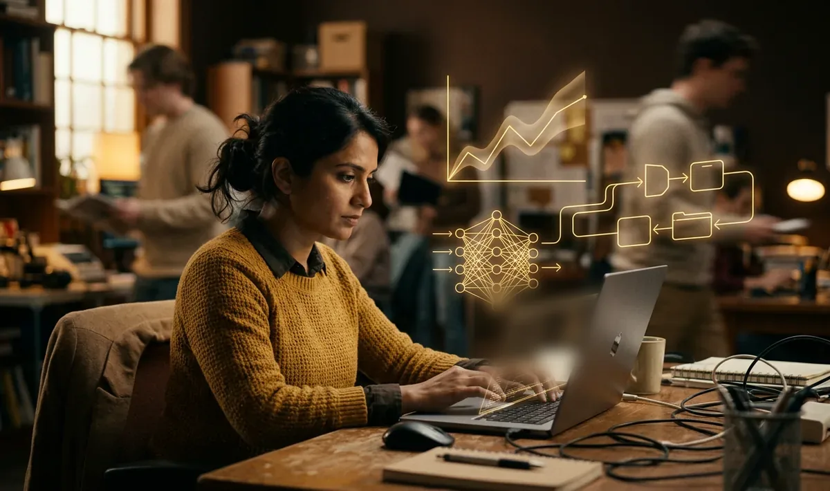 An ML engineer training a model, with line drawings of a forecast, a neural network and a pipeline