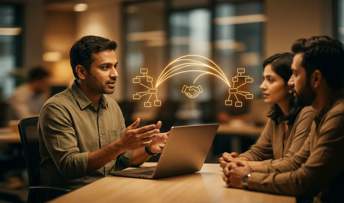 A forward deployed engineer working with a client team, with line drawings of two connected systems