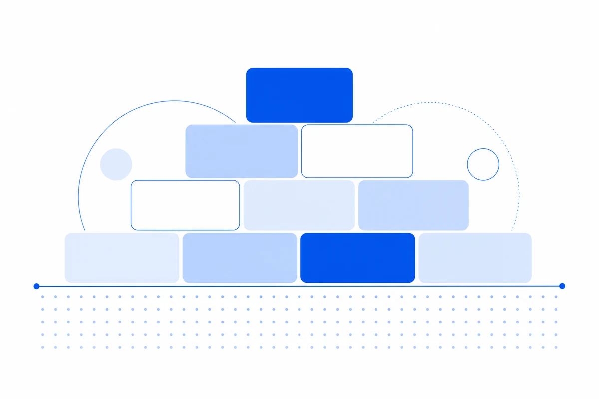 Abstract blue illustration of stacked building blocks on a dot grid, representing the AI engineering base built in Phase 1
