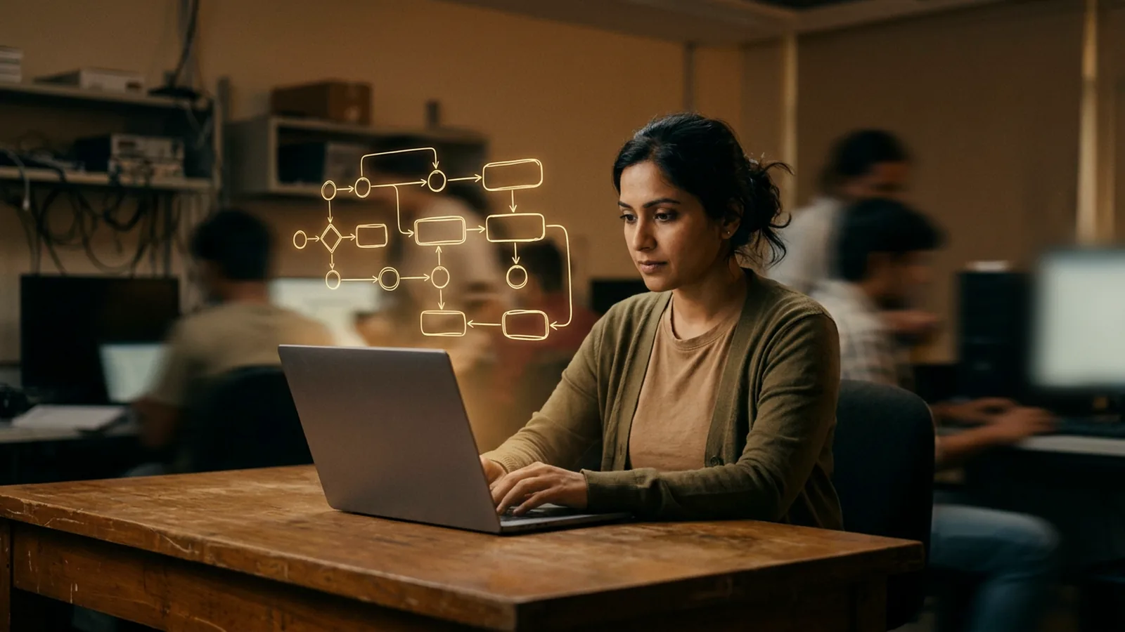AI-Native Foundations: a learner at work, with line drawings of the module's ideas