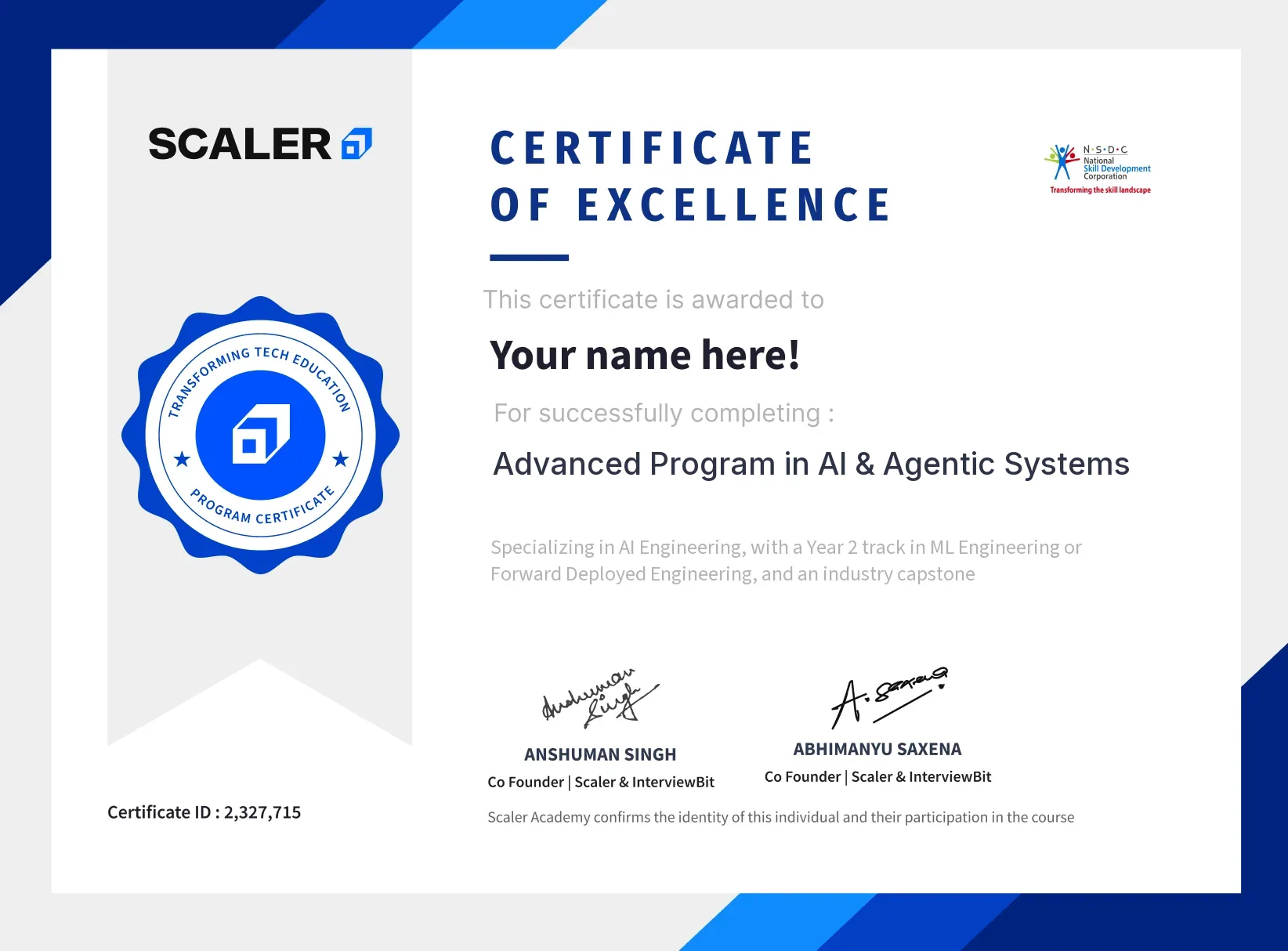 Sample Scaler certificate for the Advanced Program in AI & Agentic Systems