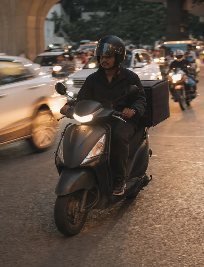 A delivery rider in Bengaluru traffic, the quick delivery routing agent project