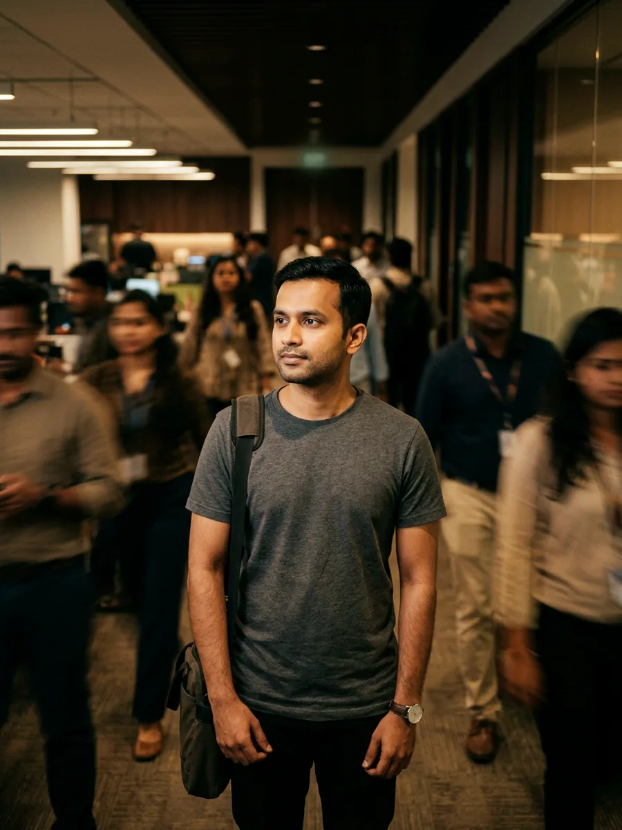A software engineer standing still in a busy office corridor