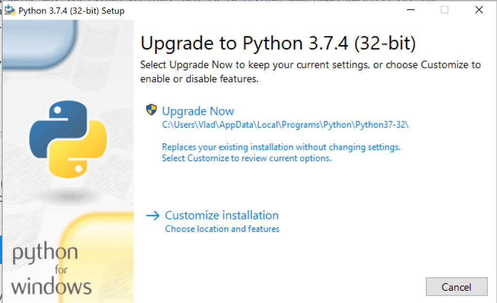 upgrade python system for window